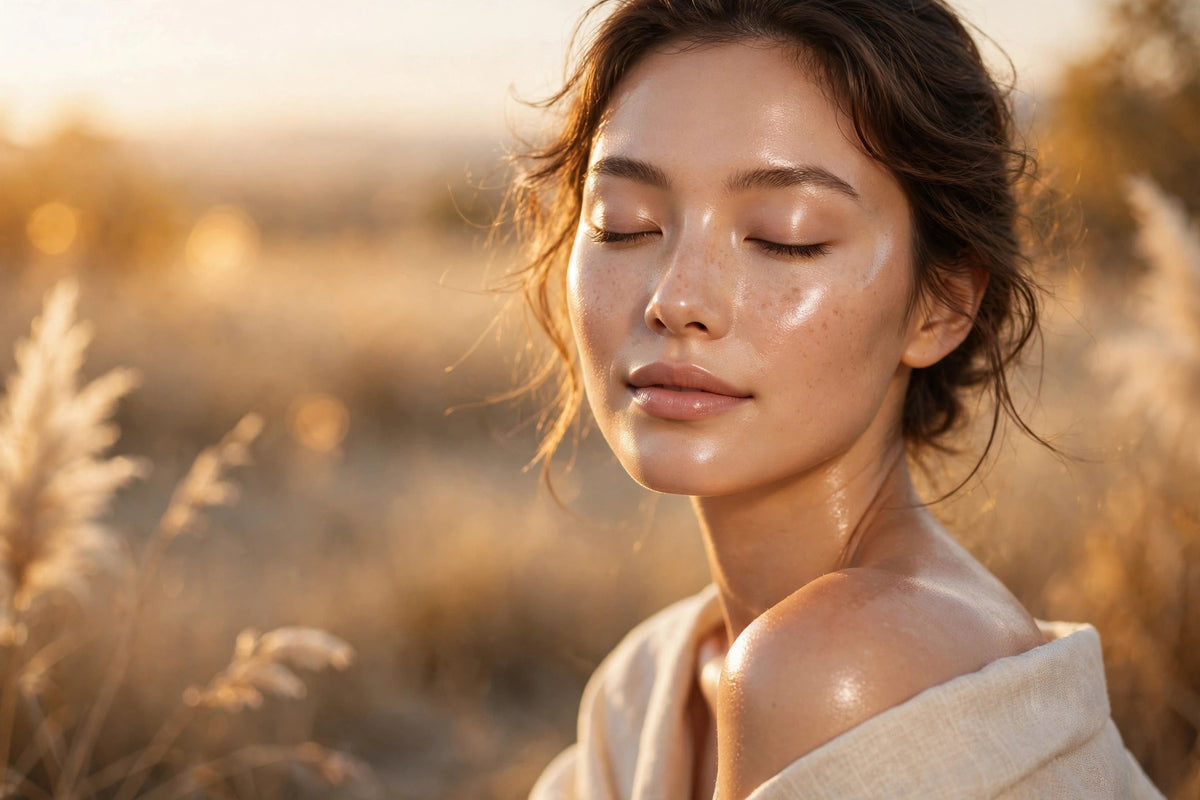 Woman with radiant glowing skin at golden hour