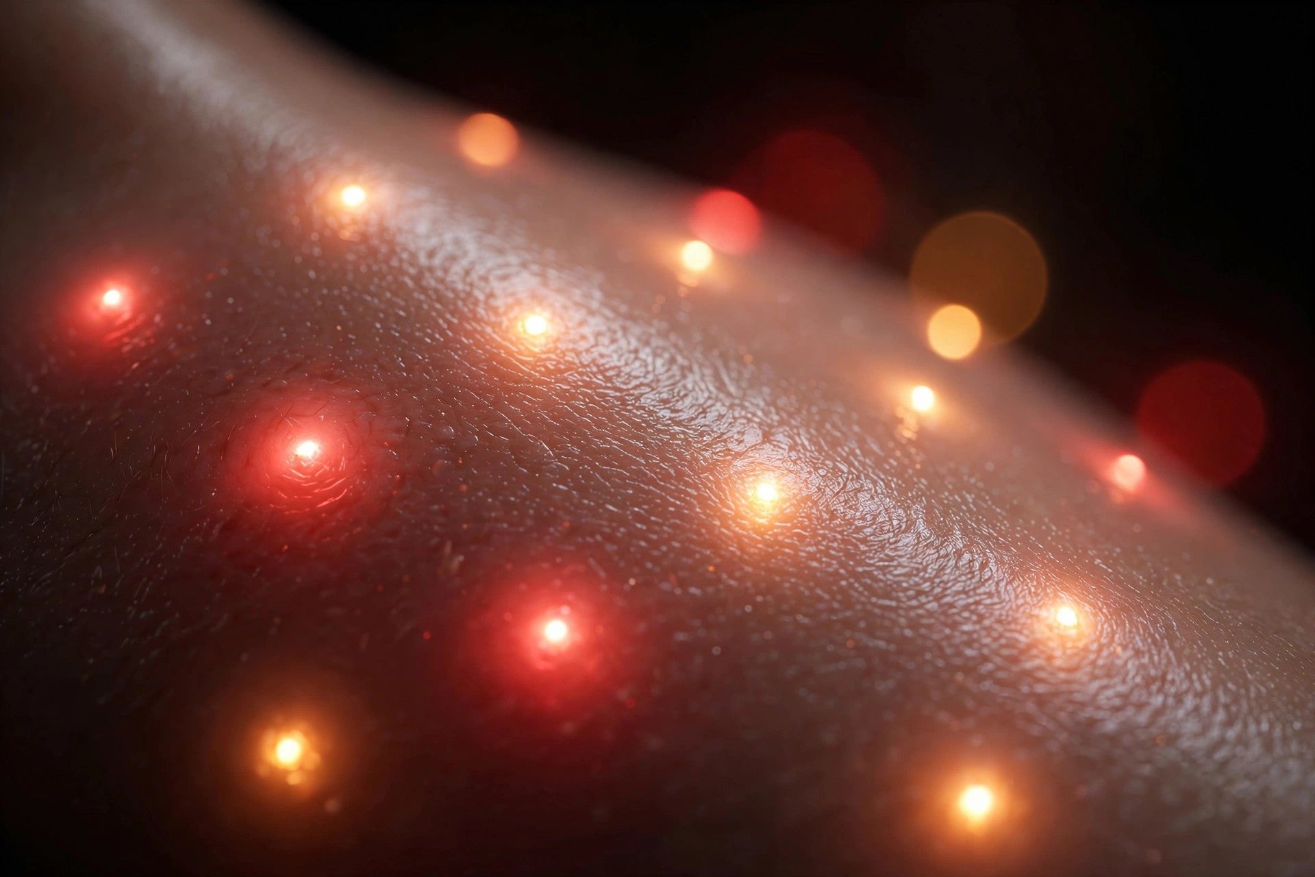 Red and amber LED light therapy glow on skin